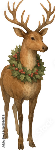 Vector freehand watercolor reindeer wearing a green holly wreath with red berries. For Christmas cards with deer, winter decor, seasonal designs, festive holiday watercolour hand drawn illustrations.