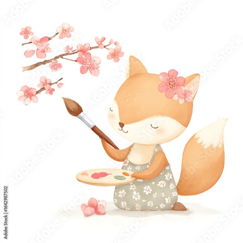 Adorable Fox Artist Paints Spring Blossoms, a Watercolor Delight. Peaceful, charming scene.