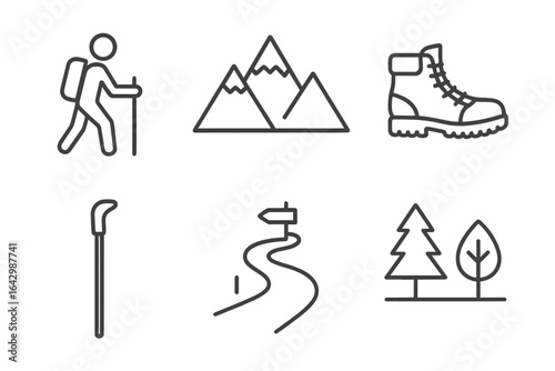 Hiking and outdoor adventure icons: hiker, mountain, boot, trekking pole, trail, forest