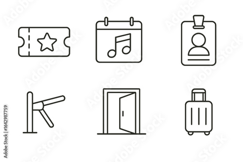 Travel and event icons: ticket, calendar, badge, turnstile, door, luggage