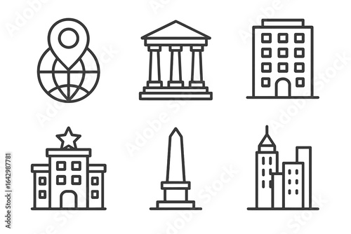 Icon set: global landmark symbols with buildings and monuments
