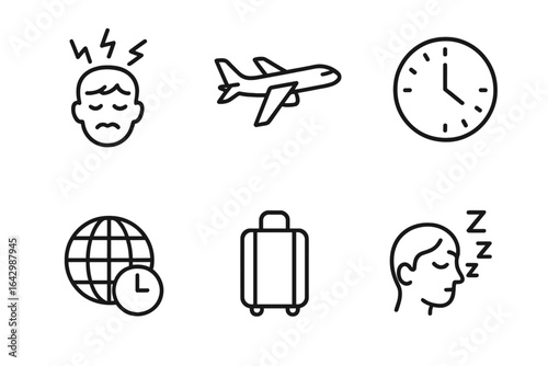 Travel icons: headache, airplane, clock, globe, suitcase, sleeping face