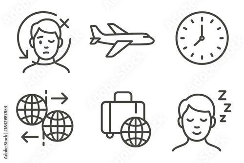 Jet lag icon set: travel, time zone, sleep, airplane, luggage