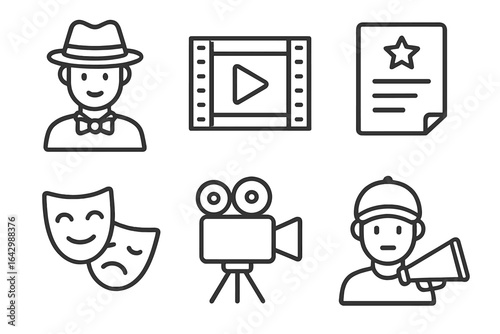 Film industry icons: director, screenplay, camera, actor, megaphone, masks