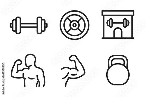 Fitness icon set featuring dumbbell, barbell, gym building, muscular arm, and kettlebell