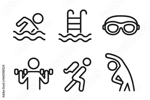 Vector icons: swimming, fitness, exercise equipment and activities