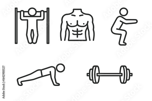 Fitness icons: pull-up, abs, squat, push-up, barbell for exercise inspiration