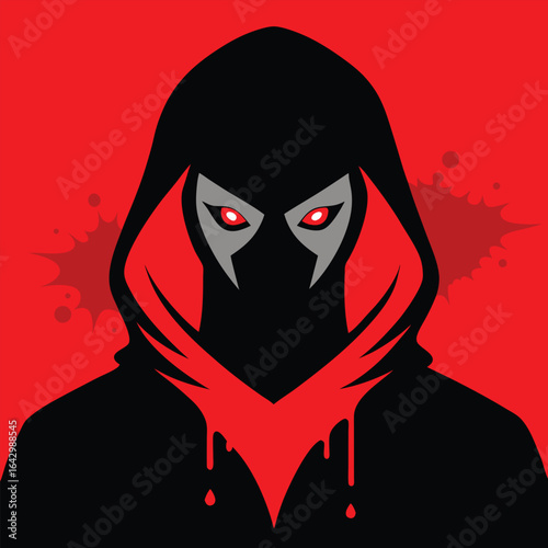 Mysterious hooded figure with fiery red eyes