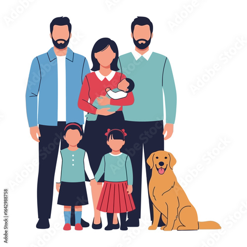 Family Portrait: A nuclear family with a happy dog, stands closely together, capturing the essence of familial harmony and connection. 