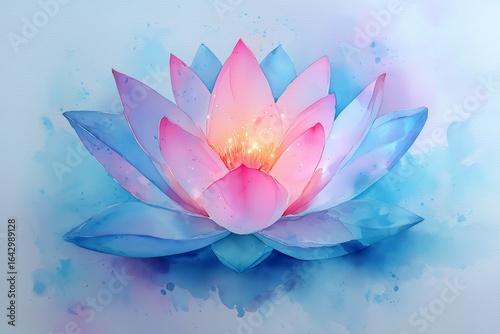 Delicate watercolor painting of a glowing lotus flower emerging from soft blue and pink washes, symbolizing enlightenment, purity, and mental peace, artistic mental health design for mindfulness
