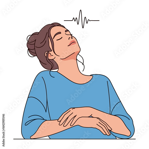 Serenity in the Mind: A relaxed woman, lost in thought, experiences a moment of tranquility with closed eyes and a symbol of mental waves, reflecting inner peace and mindfulness.