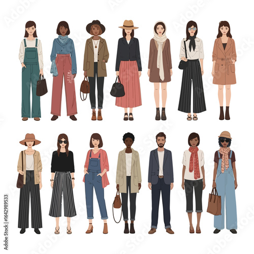 Stylish Ensemble: Diverse collection of fashion-forward individuals showcases a kaleidoscope of trendy outfits and accessories, capturing the essence of modern style and inclusivity.