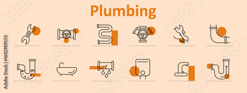 Plumbing set icon. Wrenches, valves, bathtubs, faucets, leaking pipes, heaters, water flow elements, drain U-bends clearly indicate plumbing infrastructure components