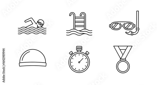 Minimalist swimming icons set featuring pool, goggles, stopwatch, and medal