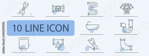 Plumbing set icon. Wrench, faucet, pipe, bathtub, joint, heater, valve, elbow, leak, connector outlined with minimal lines for construction or maintenance.