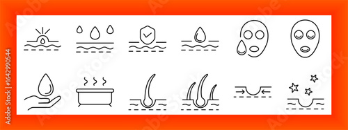 Skincare set icon. Droplets, pores, face mask, steam, hand, moisture, hair root, shield, sparkle, and protection symbols illustrated in clean dermatology line art