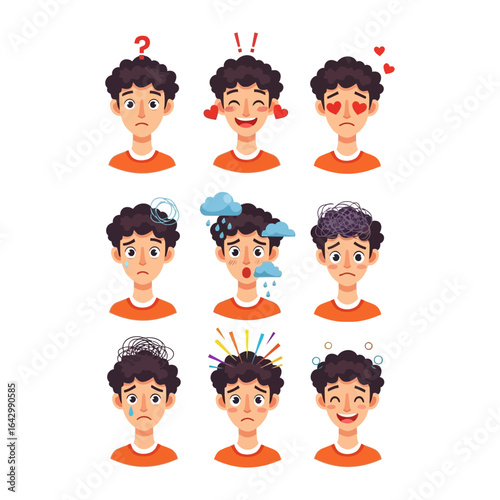 Emotional Spectrum: An illustration captures the multifaceted emotions of a person, from confusion to elation, across a spectrum of feelings and expressions. 