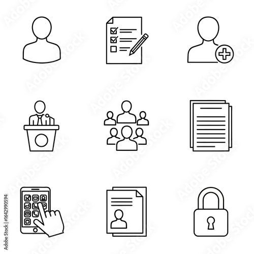 Digital Icons of Information: A collection of essential digital icons, each thoughtfully rendered in a clean, simple style, conveying vital concepts of human profile, registration, survey, documents.