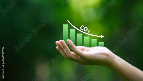 Wallpaper Mural Carbon emission and co2 reduction graph in hand to net zero target for sustainability environment. Carbon credit, footprint management. Climate change and low carbon economy concept Torontodigital.ca