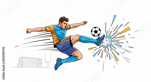 A dynamic illustration depicts a soccer player kicking the ball with powerful force, creating an explosion effect.