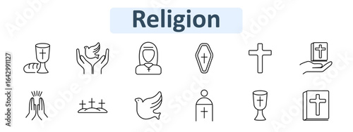 Religion set icon. Includes priest, praying hands, cross, dove, chalice, holy book, grave, coffin, bread, spiritual hands with dove and Bible in hand.