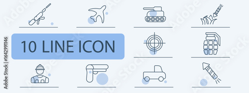 Military set icon. Line icons showing assault rifle, jet, tank, missile in grass, grenade, soldier, gun, pickup truck, explosion, falling rocket.