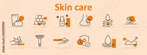 Skin care set icon. Cream jar, tube, honeycomb, nose, droplet, star, shield, hand, razor, foam, protection, and exfoliation symbols in clean outline style