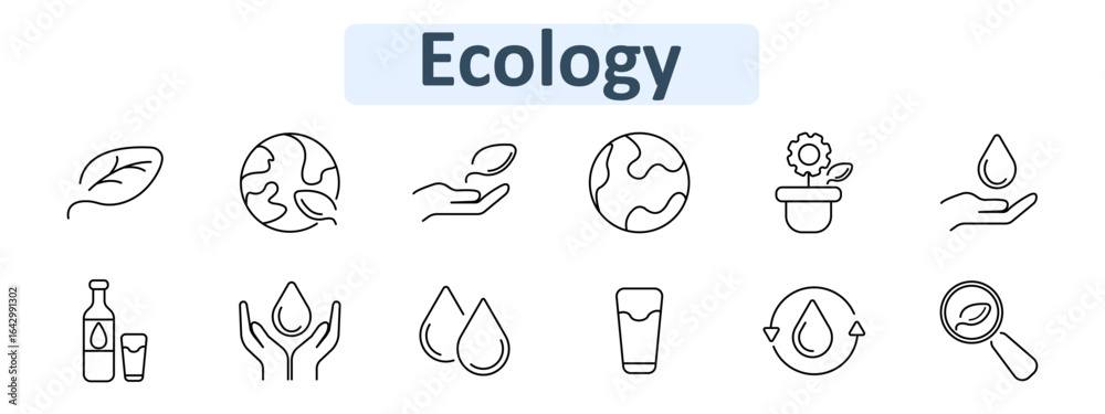 Fototapeta premium Ecology set icon. Leaf, globe, hand with leaf, pot plant, water drop, bottle, glass, recycle arrow, magnifier in eco-focused line art style