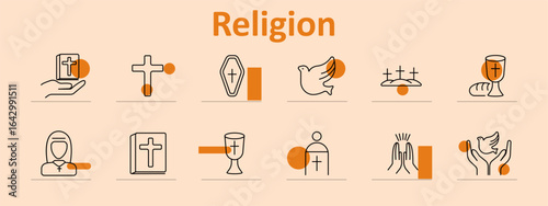 Religion set icon. Includes bible, cross, coffin, dove, bread, chalice, nun, priest, prayer hands, shown in minimal sacred forms with religious and spiritual line symbols