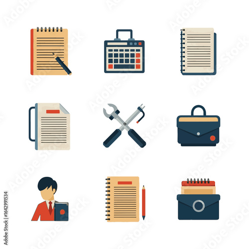 Flat Office Stationery & Tools Icons: Notebook, Calendar, Documents