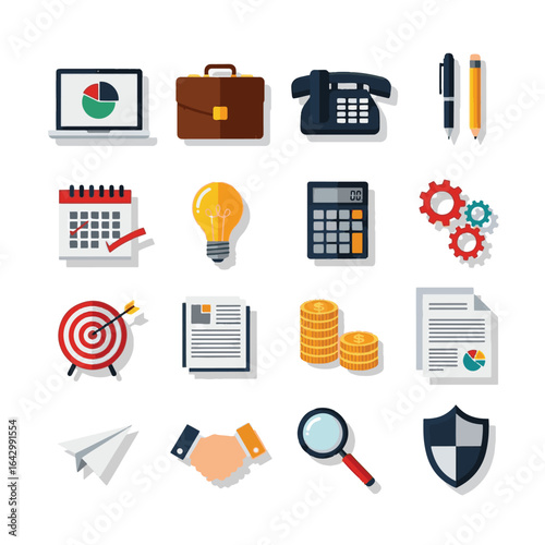 Business and Finance Flat Icon Set: Laptop, Calculator, Target, Coins

