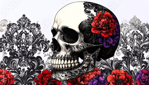 Detailed skull illustration with flowers