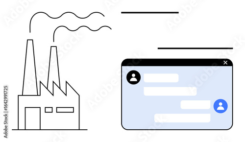 Factory emitting smoke beside chat window displaying message exchange icons. Ideal for industrial collaboration, workflow integration, digital tools, communication, innovation, productivity, simple