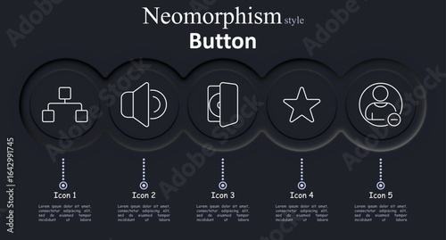 Button set icon. Network structure, speaker, door, star, person with minus symbol in neomorphism style with dark rounded backgrounds and soft highlights