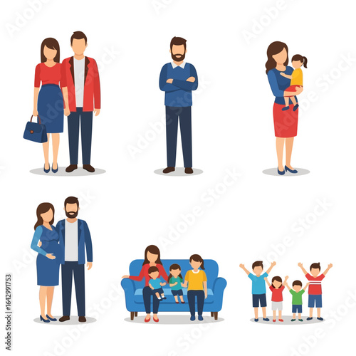 Family Moments in Illustration: A heartwarming illustration depicts a diverse family in various moments, from expectant parents to sibling bond and parent child moments.