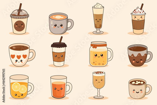 Set of warm drinks like coffee, tea or chocolate dessert for autumn or fall on an isolated background. Collection of hot beverages and fast food as characters in Kawaii style for winter or Christmas