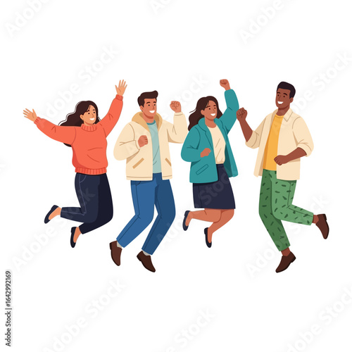 Joyful Leap of Diverse Friends: A vibrant illustration of four friends, united by a shared sense of exuberance, leaping with arms outstretched and smiles.