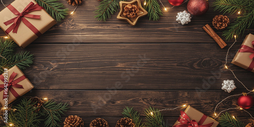 A festive flat lay Christmas composition on a dark wooden background, featuring wrapped gift boxes with red ribbons, pine branches, pinecones, cinnamon sticks, fairy lights, and decorative ornaments, 