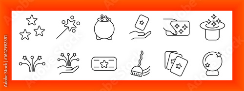 Magic and fantasy set icon. Stars, wand, cauldron, hand with card, magician hat, sparkles, ticket, broom, crystal ball in outlined cartoon style