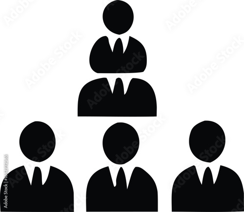 A stylized black and white graphic illustration depicting a hierarchical organizational structure with a leader at the top overseeing a team
