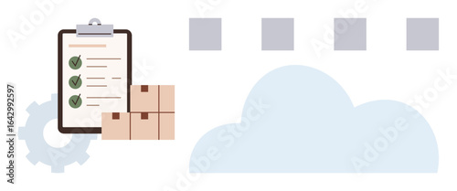 Clipboard with checklist, stack of boxes, cloud, and settings gear. Ideal for logistics, inventory, supply chain, cloud storage task management automation technology. Simple flat metaphor