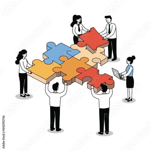 Teamwork Collaboration Vector Illustration — Business People Assembling Puzzle Pieces