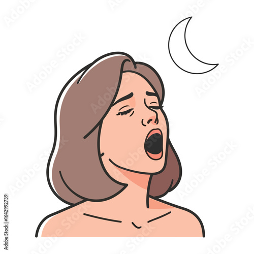 Exhaustion in the Moonlight: A woman yawns widely beneath a crescent moon, embodying the fatigue of a long day and the embrace of night's calm. 