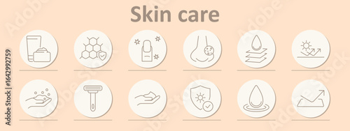 Skin care set icon. Cream, lotion, protective layer, acne, hydration, sunblock, soap, razor, shield, softness, texture shown with minimal rounded outline elements
