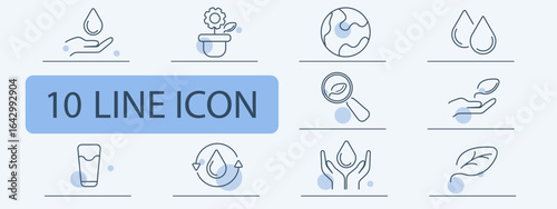 Ecology set icon. Water drop, hand, magnifier, plant, earth, leaf, glass, recycle symbol outlined with minimal lines in nature conservation theme.