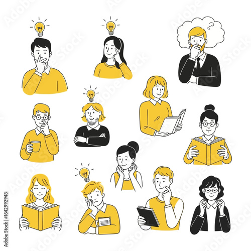 The Spark of Thought: A collection of diverse individuals, illuminated by the light of innovation, lost in thought and exploration with a minimalistic and conceptual approach.