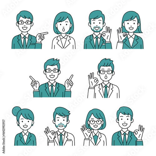 Diverse Professionals Expressing: A collection of meticulously illustrated business professionals conveying different expressions of positivity. Each character exemplifies professionalism.