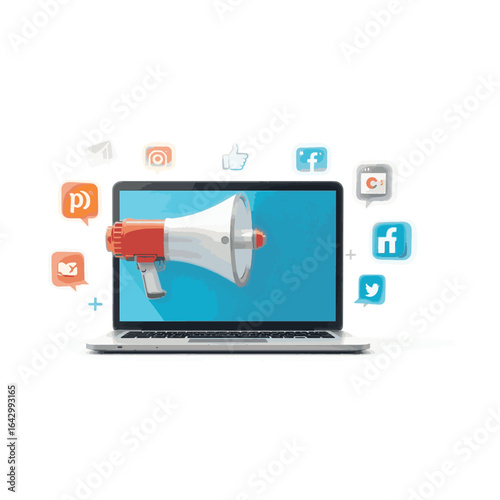 Digital Marketing Announcement Vector — Laptop Megaphone with Social Media Icons