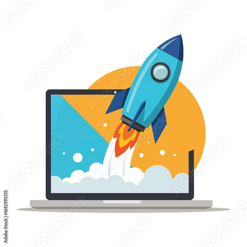Startup Launch Vector Illustration — Rocket Taking Off from Laptop Screen