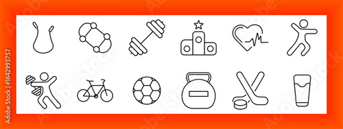 Fitness and sports set icon. Dumbbell, jump rope, cyclist, ball, heart rate, victory stand, drink, yoga, skating, and weightlifting visuals with clean linear representation.